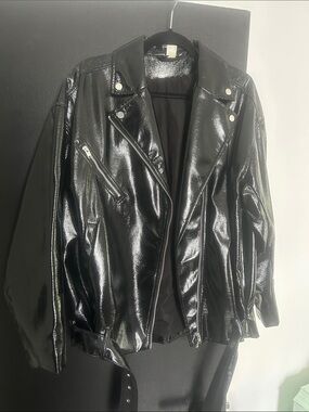 Divided Black Faux Patent Leather Moto Jacket